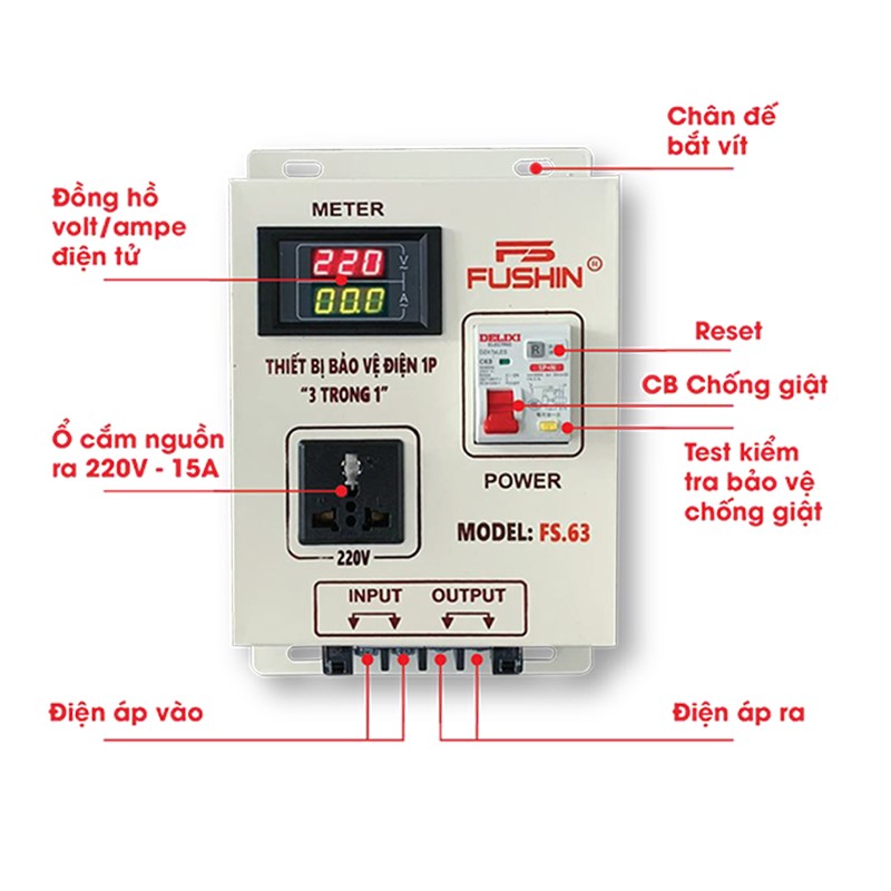 Thiết Bị Chống Giật FS.63 FUSHIN Bảo Vệ Điện 1 Pha 3 In 1 - hình 1