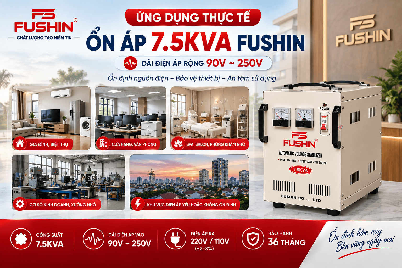 Ứng dụng ổn áp 1Pha 7.5KVA - Fushin dải 90V~250V
